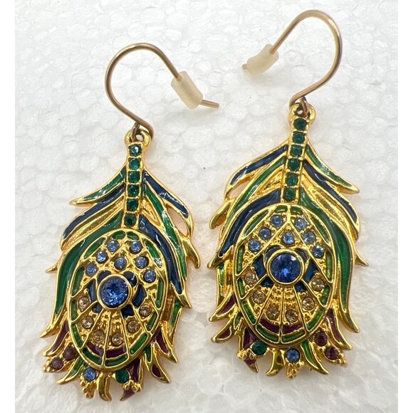 Vtg Metropolitan Museum of Art Earrings Dangle Jeweled Peacock Feather Art Novea - Picture 1 of 8
